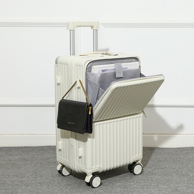 Maleta de ABS multifuncional de cabina con apertura frontal - (Blanco, 20 pulgadas) | Equipaje | Diseño innovador de apertura frontal | Proveedor de equipaje de viaje con portavasos oculto