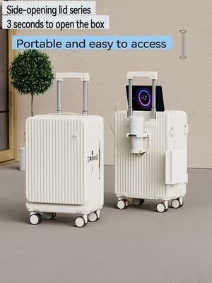 comprar 1988 equipo de equipaje de lado duro TSA cerradura maleta de rueda giratoria, negro, rosa, blanco, azul claro USB-carga multifuncional portavasos de apertura frontal, 20/24 pulgadas bolso de viaje online manufacture